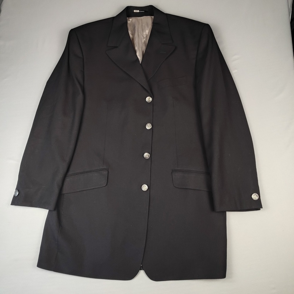 FUBU Blazer Men 44R Black 100% Wool Concealed 5 Button Y2K Longline Suit Coat
